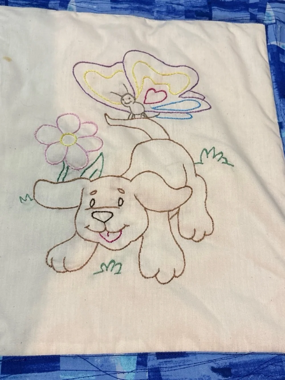 NEW VTG Handmade BABY QUILT Embroidered BLOCKS Panels animals BLANKET 45x35